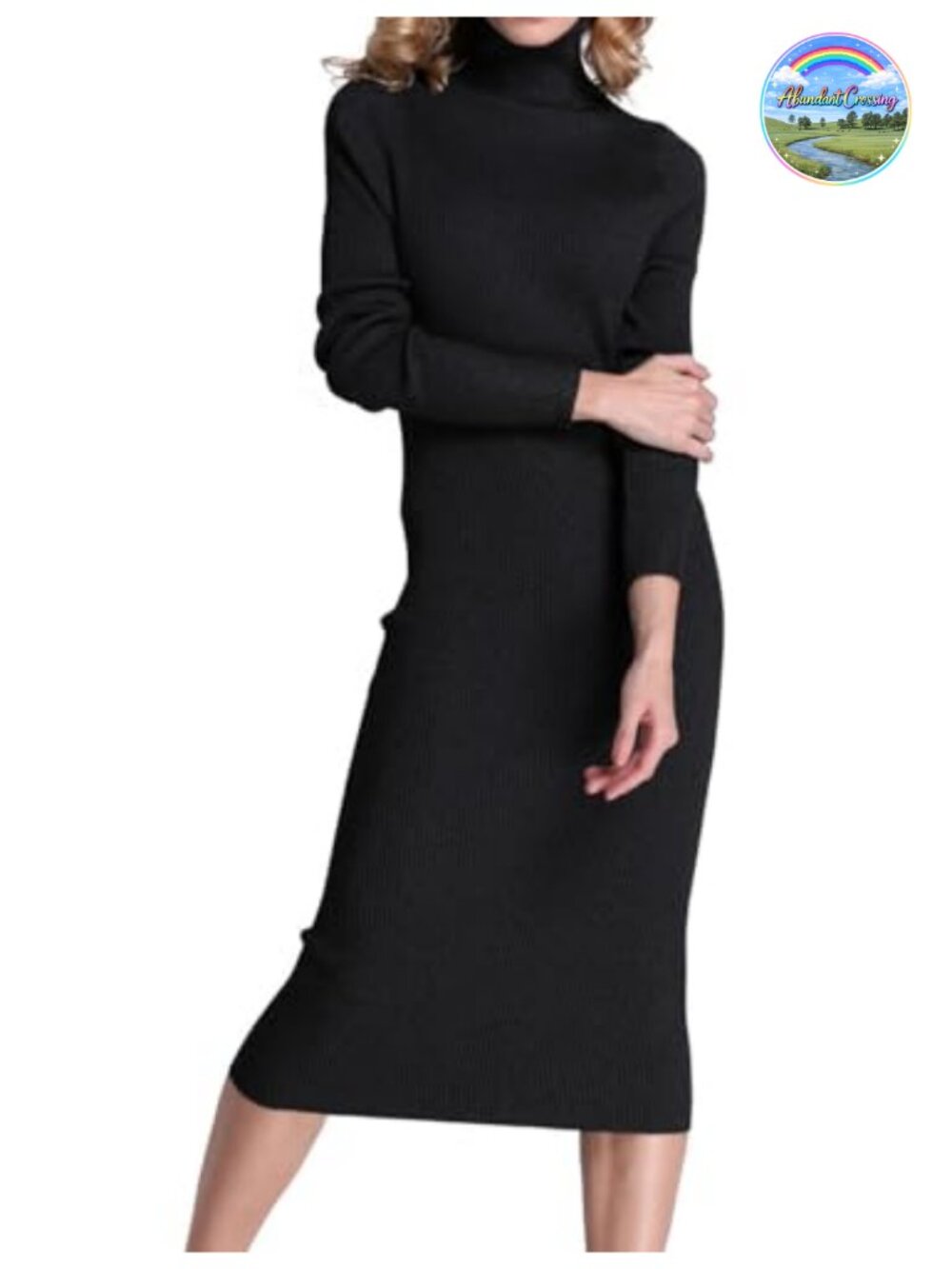 Turtleneck Ribbed Knit Sweater Dress Midi Sheath Elbow Sleeve
